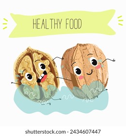 Cute  cartoon nut, walnut characters with different activities. Flat vector illustration, funny nuts. Organic food.