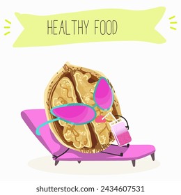 Cute  cartoon nut, walnut characters with different activities. Flat vector illustration, funny nuts. Organic food.
