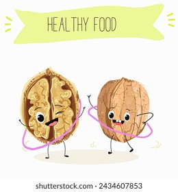 Cute  cartoon nut, walnut characters with different activities. Flat vector illustration, funny nuts. Organic food.