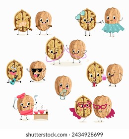 Cute cartoon nut, walnut characters set, collection. Flat vector illustration. Activities, playing musical instruments, sports, funny nuts.