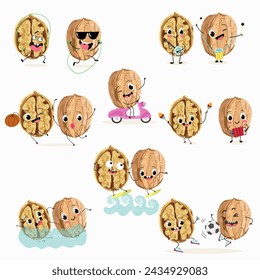 Cute cartoon nut, walnut characters set, collection. Flat vector illustration. Activities, playing musical instruments, sports, funny nuts.