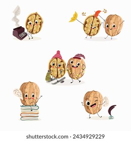 Cute cartoon nut, walnut characters set, collection. Flat vector illustration. Activities, playing musical instruments, sports, funny nuts.