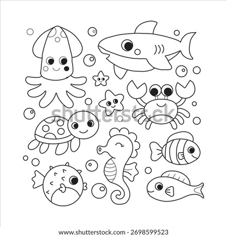 Cute cartoon ocean animals collection for kids coloring book