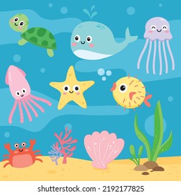 Dibujo lindo de la vida oceánica bajo el mar, ilustración clipart.