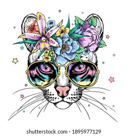 Cute cartoon ocelot head in a floral wreath and bright sunglasses. Beautiful wild animal with flowers. Stylish summer image for printing on any surface
