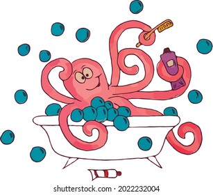 Cute cartoon octopus in bathroom. Vector illustration. Flat design.