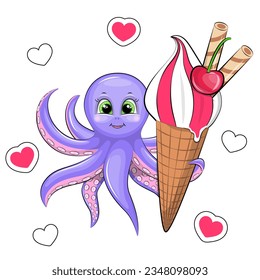 Cute cartoon octopus with big ice cream. Summer animal vector illustration on white background with pink hearts. 