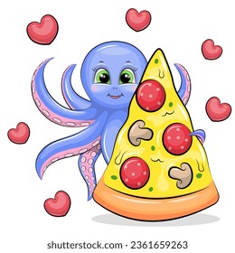 Cute cartoon octopus with a big piece of pizza. Vector illustration of animal on a white background with red hearts.