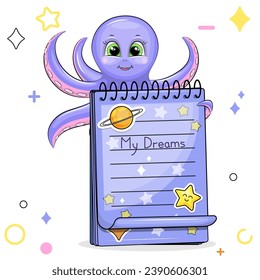 A cute cartoon octopus with a blue notebook with stickers. Vector illustration of an animal on a white background with stars, circles.