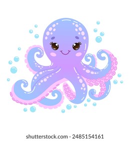 Pulpo de dibujos animados con burbujas. Ilustración vectorial para libros infantiles, decoración infantil y otros proyectos creativos