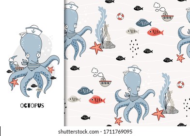 Cute cartoon octopus character. Card and seamless pattern. Hand drawn tee print illustration. Fabric surface design vector.