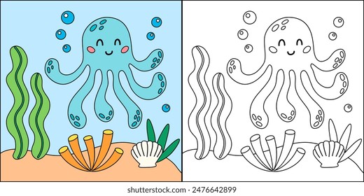 Cute cartoon octopus character. Undersea, marine life illustration. Sea animals coloring pages isolated on white background.