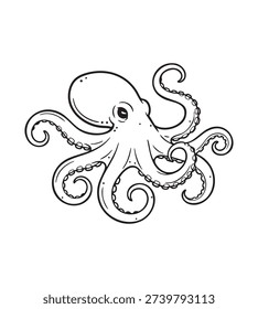 Cute Cartoon Octopus with Curled Tentacles and Big Eyes Vector Line Art Illustration