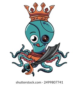 A cute cartoon octopus cyborg with a crown, pirate scarf, and a cyborg eye, holding a sword. Illustration for fantasy, science fiction and adventure comics