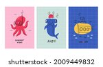 Cute cartoon octopus fish, bathyscaphe, crab, ship, star, hammerhead shark, sea horse,   sea life - vector illustration for kids. 