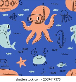 Cute cartoon octopus fish, bathyscaphe, crab, ship, star, hammerhead shark, sea horse,   sea life - vector illustration for kids. Seamless pattern