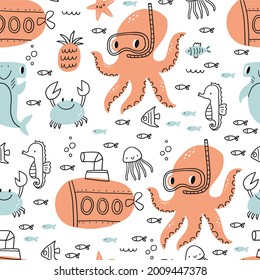 Cute cartoon octopus fish, bathyscaphe, crab, ship, star, hammerhead shark, sea horse,   sea life - vector illustration for kids. Seamless pattern