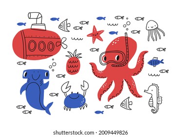 Cute cartoon octopus fish, bathyscaphe, crab, ship, star, hammerhead shark, sea horse,   sea life - vector illustration for kids. 
