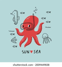 Cute cartoon octopus fish, bathyscaphe, crab, ship, star, hammerhead shark, sea horse,   sea life - vector illustration for kids. 