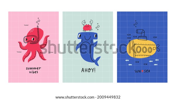 Cute cartoon octopus fish, bathyscaphe, crab, ship,\
star, hammerhead shark, sea horse,   sea life - vector illustration\
for kids. 