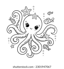 Cute cartoon octopus with fish. Black and white linear drawing. For children's design of coloring books, prints, posters, cards, stickers, puzzles and so on. Vector