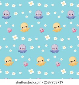 Cute Cartoon Octopus and Flower Pattern on Blue Background