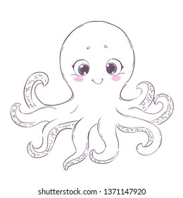 Cute cartoon octopus. Hand drawn sketh