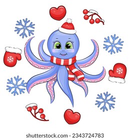 Cute cartoon octopus with hat and scarf in a winter frame. Vector illustration of an animal with hearts, mittens, berries, snowflakes on a white background.