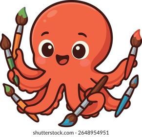 A cute cartoon octopus holding colorful paintbrushes in each tentacle. Fun and creative sea animal character, perfect for kids' art, design themes, or playful illustrations.
