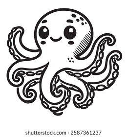 Cute Cartoon Octopus Line Art Illustration. A charming cartoon-style octopus with bold black outlines and no color. making it perfect for coloring books, digital designs, or tattoo inspiration