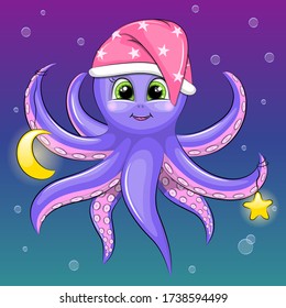Cute cartoon octopus in night hat with star cnd moon. Vector illustration of the sea animal on the night dark blue background.