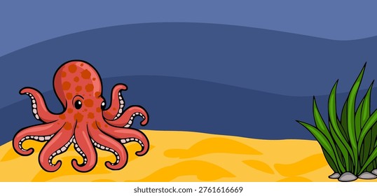 Cute cartoon octopus on sandy seabed with underwater plants vector banner