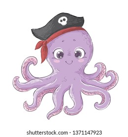 Cute cartoon octopus in pirate hat