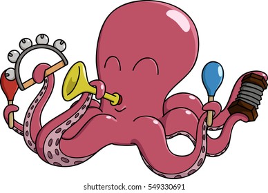 Cute cartoon of Octopus playing music.