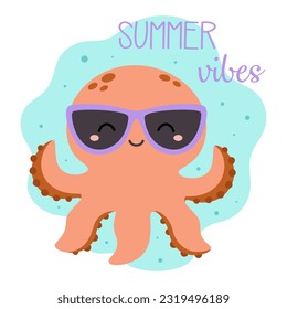 cute cartoon octopus print design with lettering summer vibes, vector illustration for fashion fabrics, textile graphics, prints, summer card in flat style