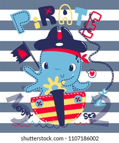 Cute cartoon octopus riding a ship dressed in a pirate costume on striped background illustration vector, T-Shirt design for kids.