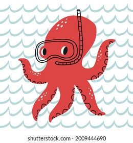 Cute cartoon octopus and  sea life - vector illustration for kids. 