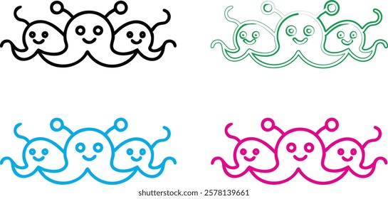 Cute cartoon octopus, simple line drawing, kawaii style, minimalist design, multiple color variations, smiling faces, curly tentacles, playful mood, vector illustration, symmetrical composition, child