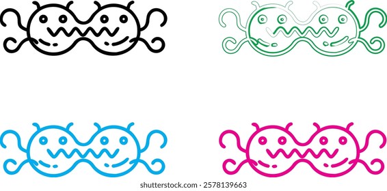 Cute cartoon octopus, simple line drawing, kawaii style, minimalist design, multiple color variations, smiling faces, curly tentacles, playful mood, vector illustration, symmetrical composition, child