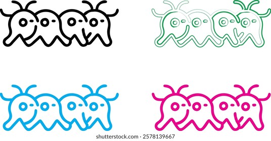 Cute cartoon octopus, simple line drawing, kawaii style, minimalist design, multiple color variations, smiling faces, curly tentacles, playful mood, vector illustration, symmetrical composition, child