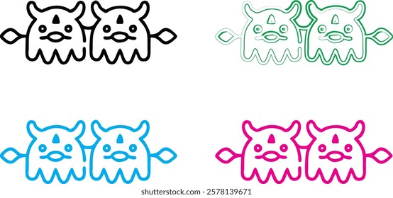 Cute cartoon octopus, simple line drawing, kawaii style, minimalist design, multiple color variations, smiling faces, curly tentacles, playful mood, vector illustration, symmetrical composition, child