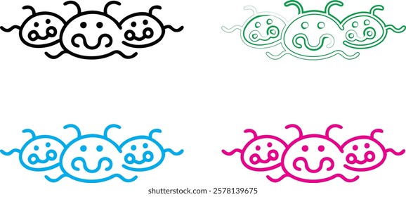 Cute cartoon octopus, simple line drawing, kawaii style, minimalist design, multiple color variations, smiling faces, curly tentacles, playful mood, vector illustration, symmetrical composition, child