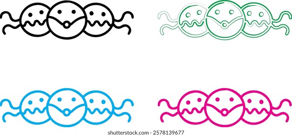 Cute cartoon octopus, simple line drawing, kawaii style, minimalist design, multiple color variations, smiling faces, curly tentacles, playful mood, vector illustration, symmetrical composition, child