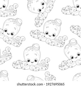 Cute cartoon octopus in small sea hat seamless pattern sketch template. Smiling graphic animal vector illustration in black and white for games, background, decor. Coloring paper, page, story book