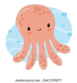 A cute cartoon octopus with a smiling face and light pink color. It has eight arms and is surrounded by blue water bubbles.