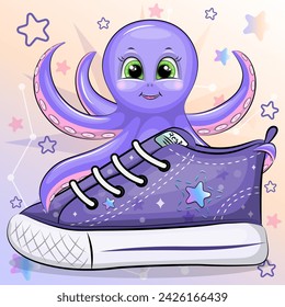 A cute cartoon octopus with a sneaker. Vector illustration of an animal on a colorful background with stars.