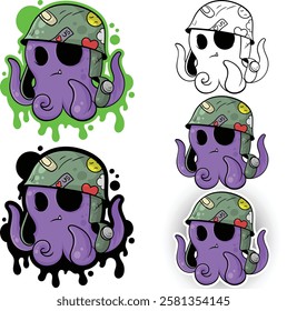 Cute cartoon octopus soldier illustration, suitable for t-shirt and sticker design, eps 10, editable.