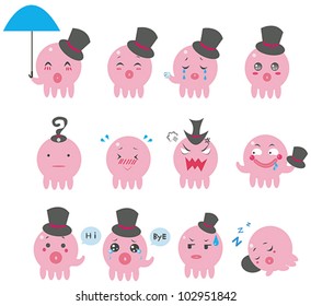 Cute cartoon Octopus squid funny emotional and expression icon (vector)