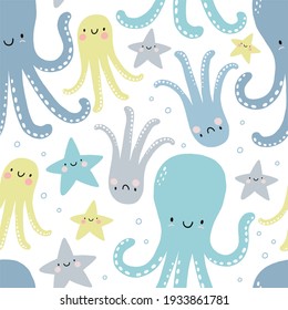 Cute cartoon Octopus - vector illustration. Seamless pattern - Octopus mom and baby