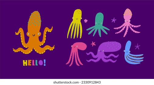 Pulpo de dibujos animados - ilustración vectorial. Asombroso carácter, de estilo plano, conjunto de vida submarina